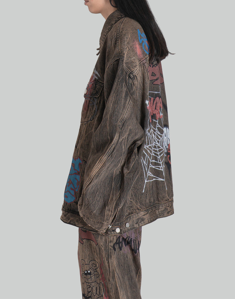 BUMPY GRAFFITI PRINT DISTRESSED DENIM JACKET