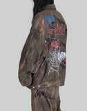 BUMPY GRAFFITI PRINT DISTRESSED DENIM JACKET