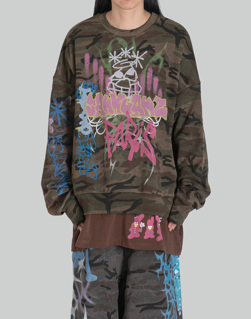 SANKUANZ - BUMPY GRAFFITI PRINT DOUBLE HEM CREWNECK SWEATSHIRT - 082plus