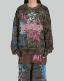 BUMPY GRAFFITI PRINT DOUBLE HEM CREWNECK SWEATSHIRT