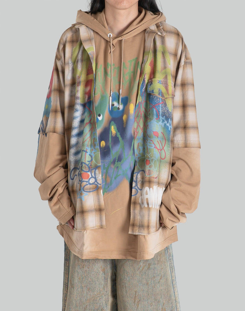 SANKUANZ - BUMPY GRAFFITI PRINT LAYERED PLAID HOODED SWEATSHIRT - 082plus