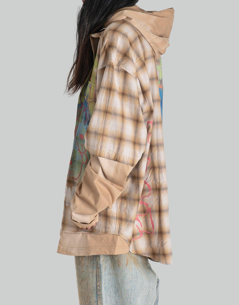 SANKUANZ - BUMPY GRAFFITI PRINT LAYERED PLAID HOODED SWEATSHIRT - 082plus