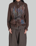 BUMPY GRAFFITI PRINT RAW EDGE DISTRESSED TURTLENECK KNIT JACKET