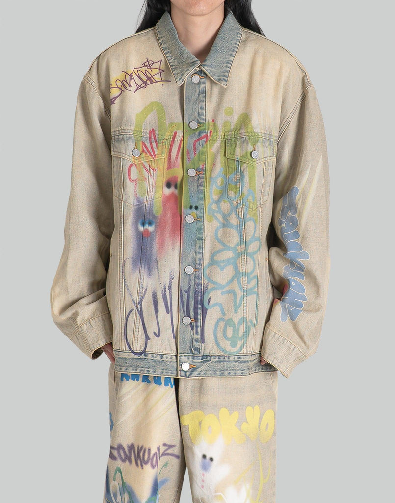 SANKUANZ BUMPY GRAFFITI PRINT REVERSIBLE FABRIC OVERSIZED DENIM