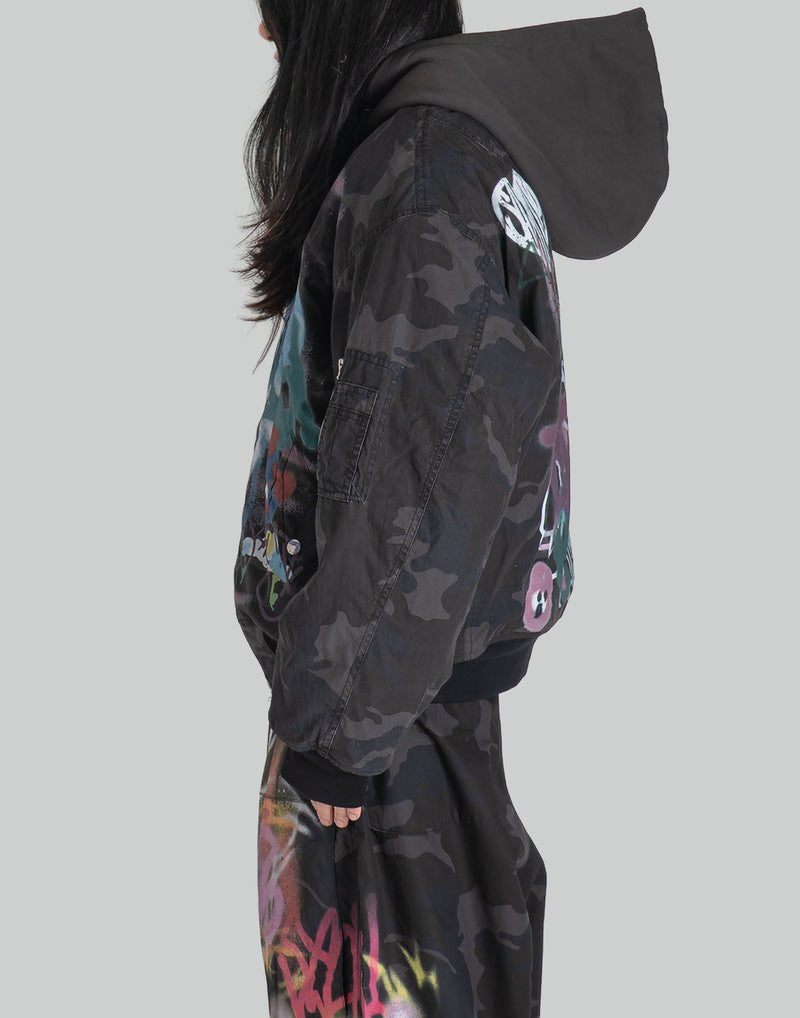 BUMPY GRAFFITI PRINT SIDE POCKET HOODED ZIP JACKET