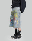 BUMPY GRAFFITI PRINT WASHED DENIM SHORTS