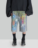 BUMPY GRAFFITI PRINT WASHED DENIM SHORTS