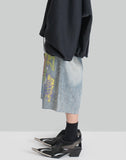 BUMPY GRAFFITI PRINT WASHED DENIM SHORTS