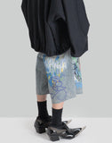 BUMPY GRAFFITI PRINT WASHED DENIM SHORTS