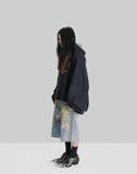 BUMPY GRAFFITI PRINT WASHED DENIM SHORTS
