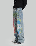 BUMPY GRAFFITI PRINT WASHED STRAIGHT JEANS