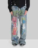 BUMPY GRAFFITI PRINT WASHED STRAIGHT JEANS