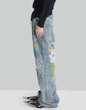 BUMPY GRAFFITI PRINT WASHED STRAIGHT JEANS