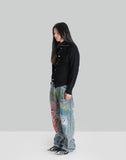 BUMPY GRAFFITI PRINT WASHED STRAIGHT JEANS