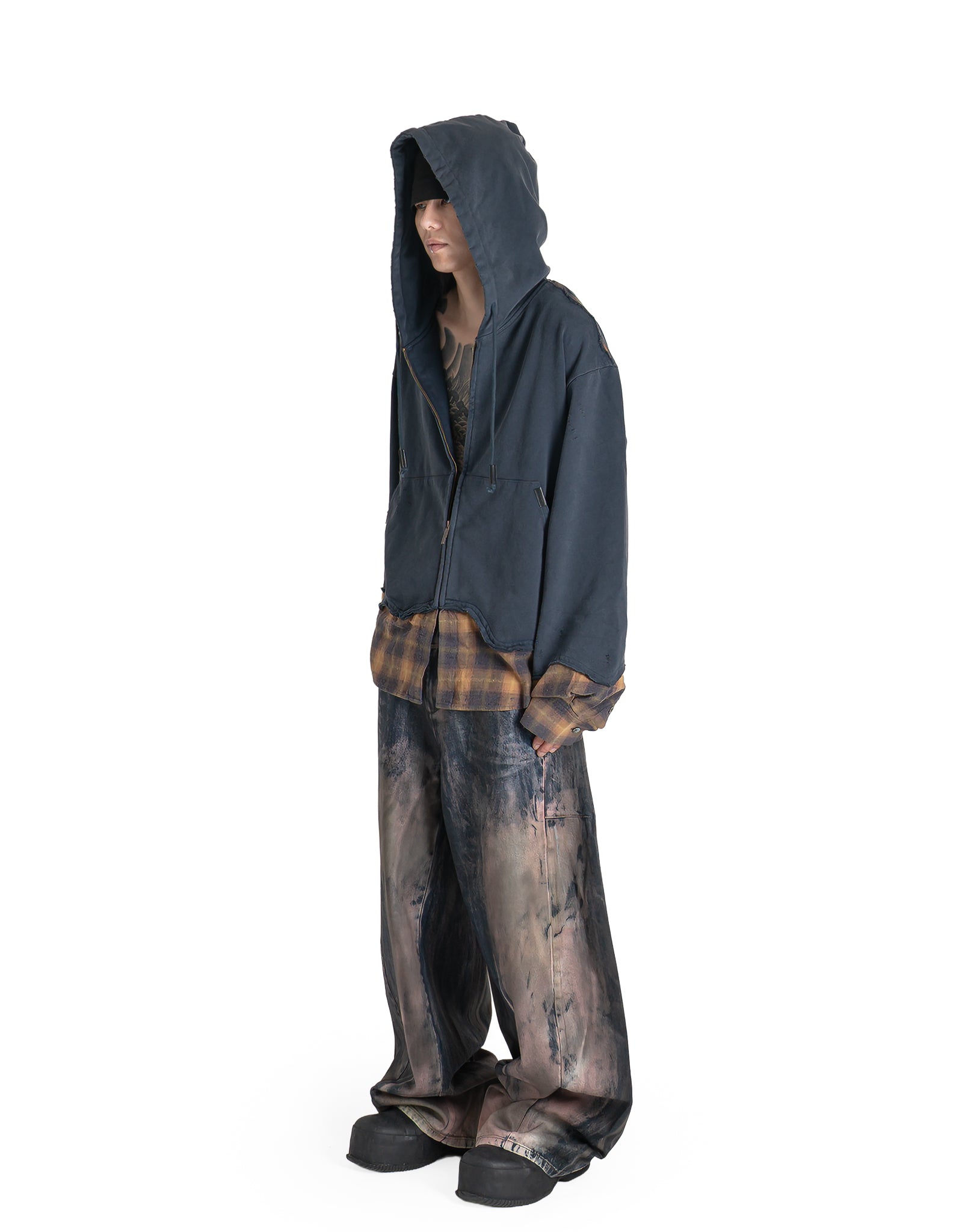 FENG CHEN WANG - PLAID-PANEL ZIP-UP HOODIE - 082plus