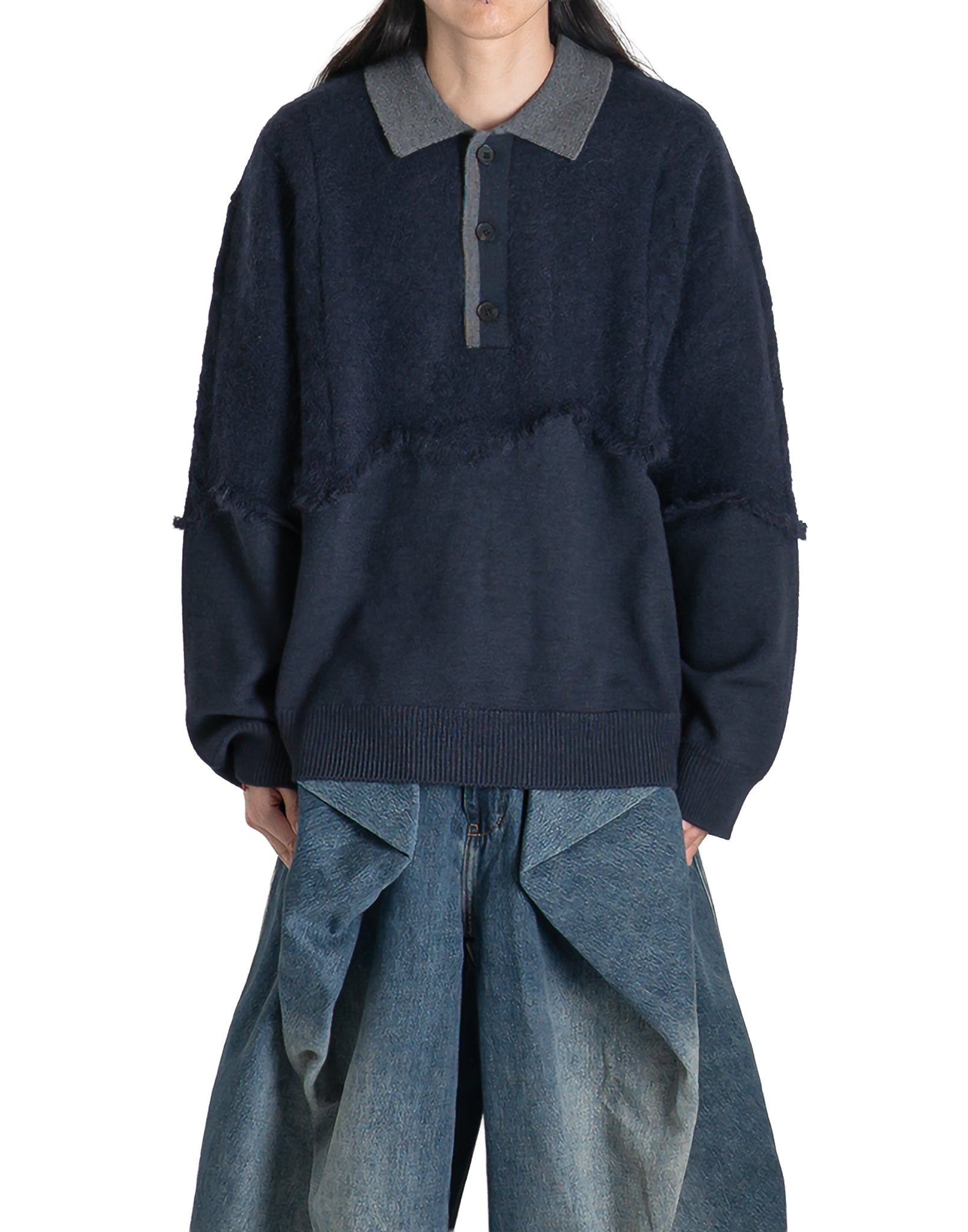 FENG CHEN WANG - CABLE-KNIT POLO SHIRT WITH RAW HEM AND PATCHWORK - 082plus