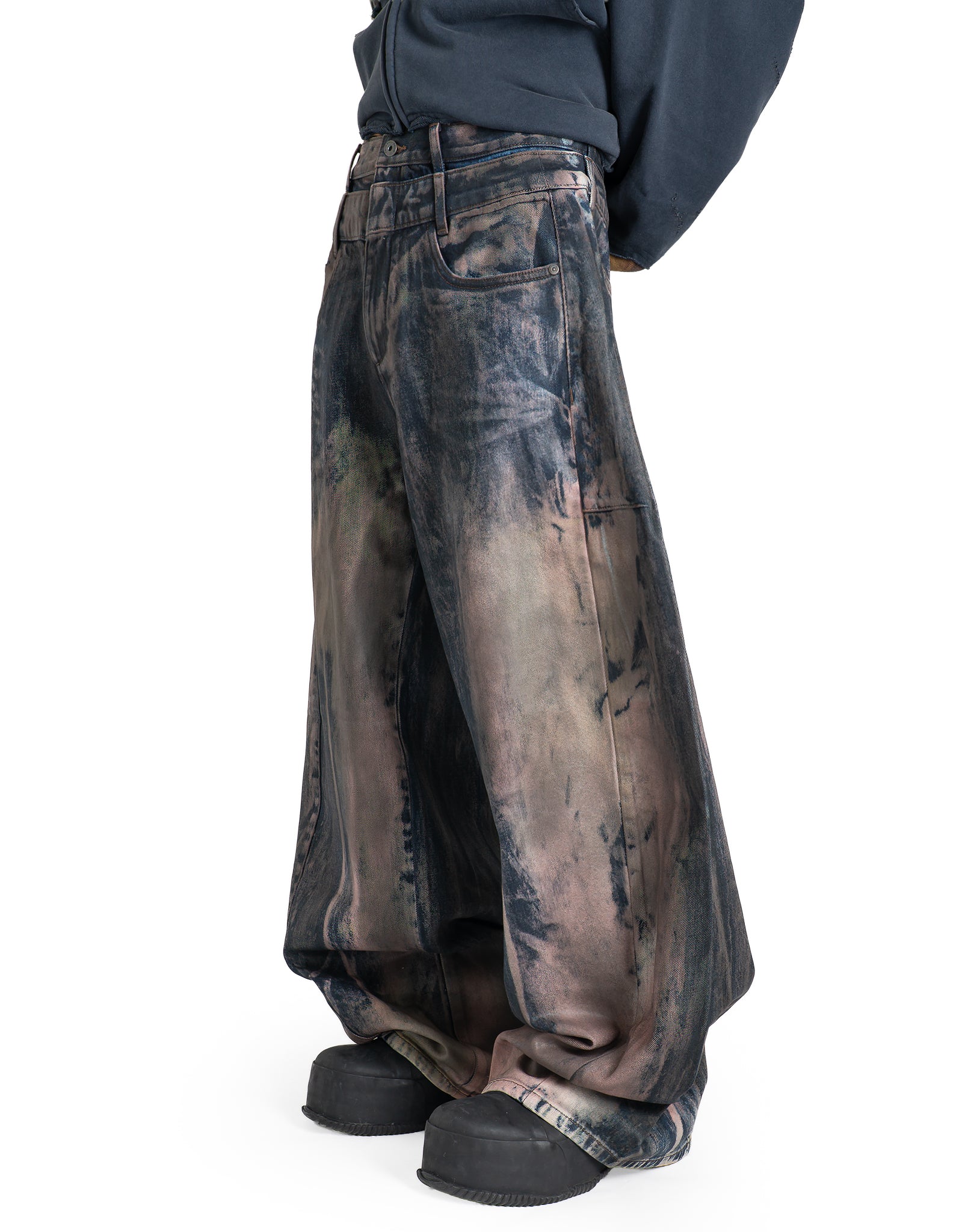 FENG CHEN WANG - ARTISTICALLY TIE-DYED COATED DENIM PANTS - 082plus