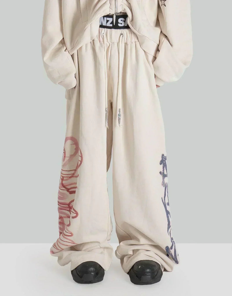 SANKUANZ - GRAFFITI PRINT WAISTBAND BAGGY SWEATPANTS - 082plus