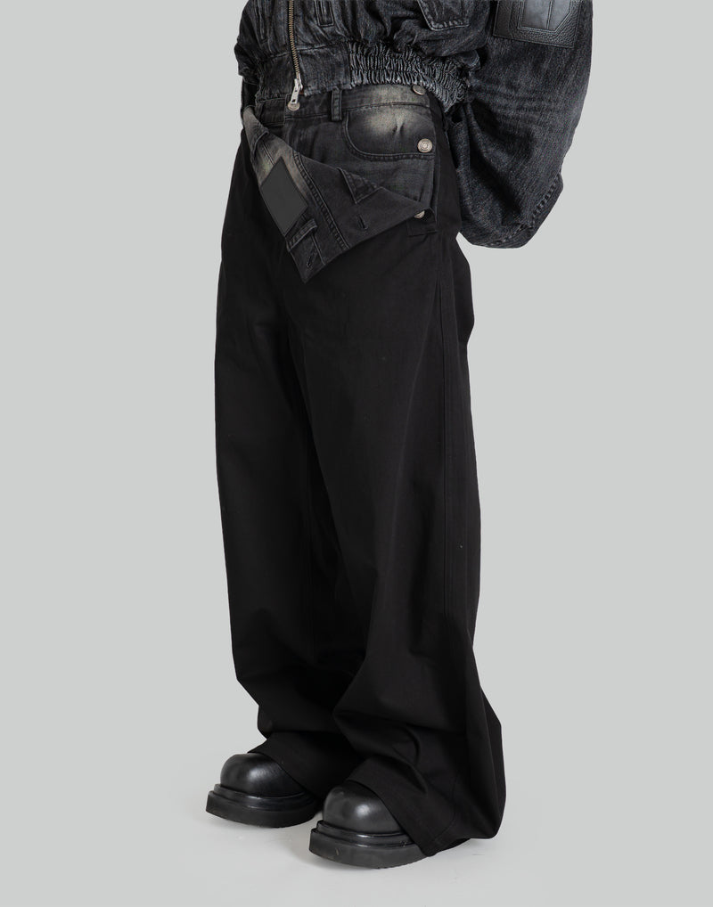 BLACK DENIM FRONT-LAYERED PANTS