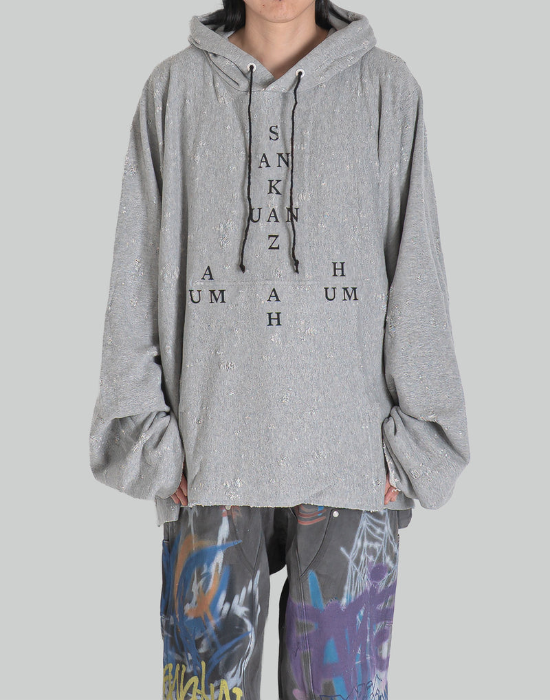 MONOGRAM PRINT DISTRESSED HOODIE