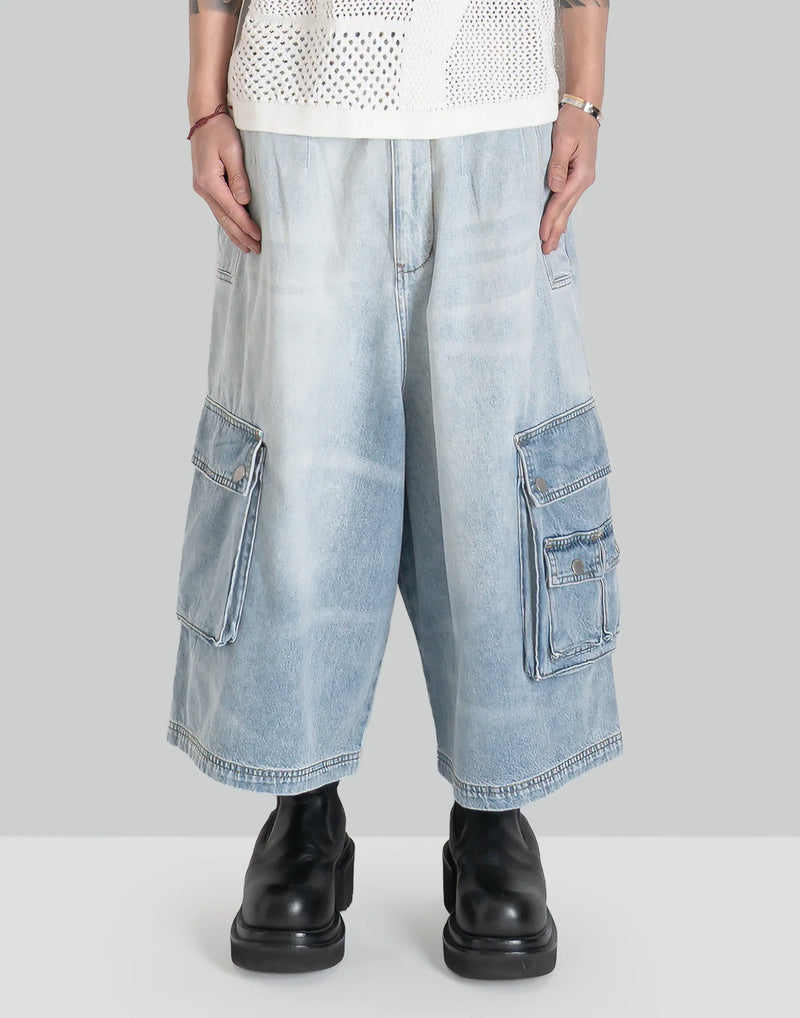 FENG CHEN WANG - OVERSIZED MID LENGTH DENIM CARGO TROUSERS - 082plus