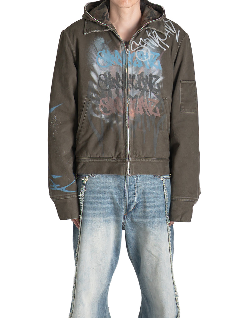 SANKUANZ - DISTRESSED WASHED GRAFFITI PRINT HOODED JACKET - 082plus