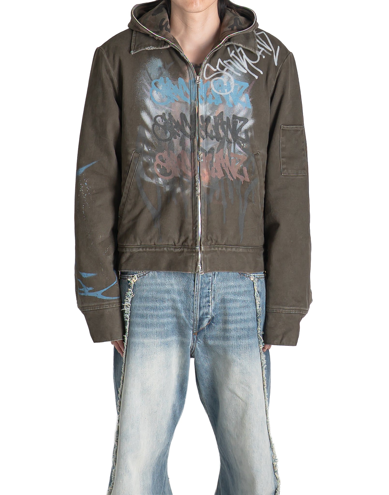 SANKUANZ - DISTRESSED WASHED GRAFFITI PRINT HOODED JACKET - 082plus