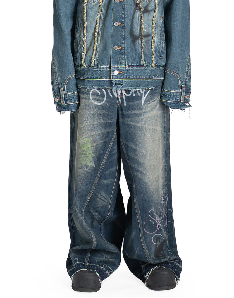 SANKUANZ - WASHED GRAFFITI PRINT LOOSE-FIT DENIM PANTS - 082plus