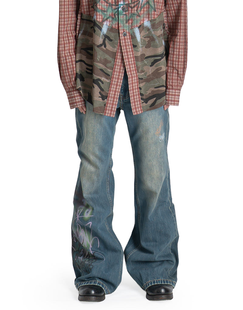 SANKUANZ - WASHED GRAFFITI PRINT LOOSE-FIT FLARED DENIM PANTS - 082plus