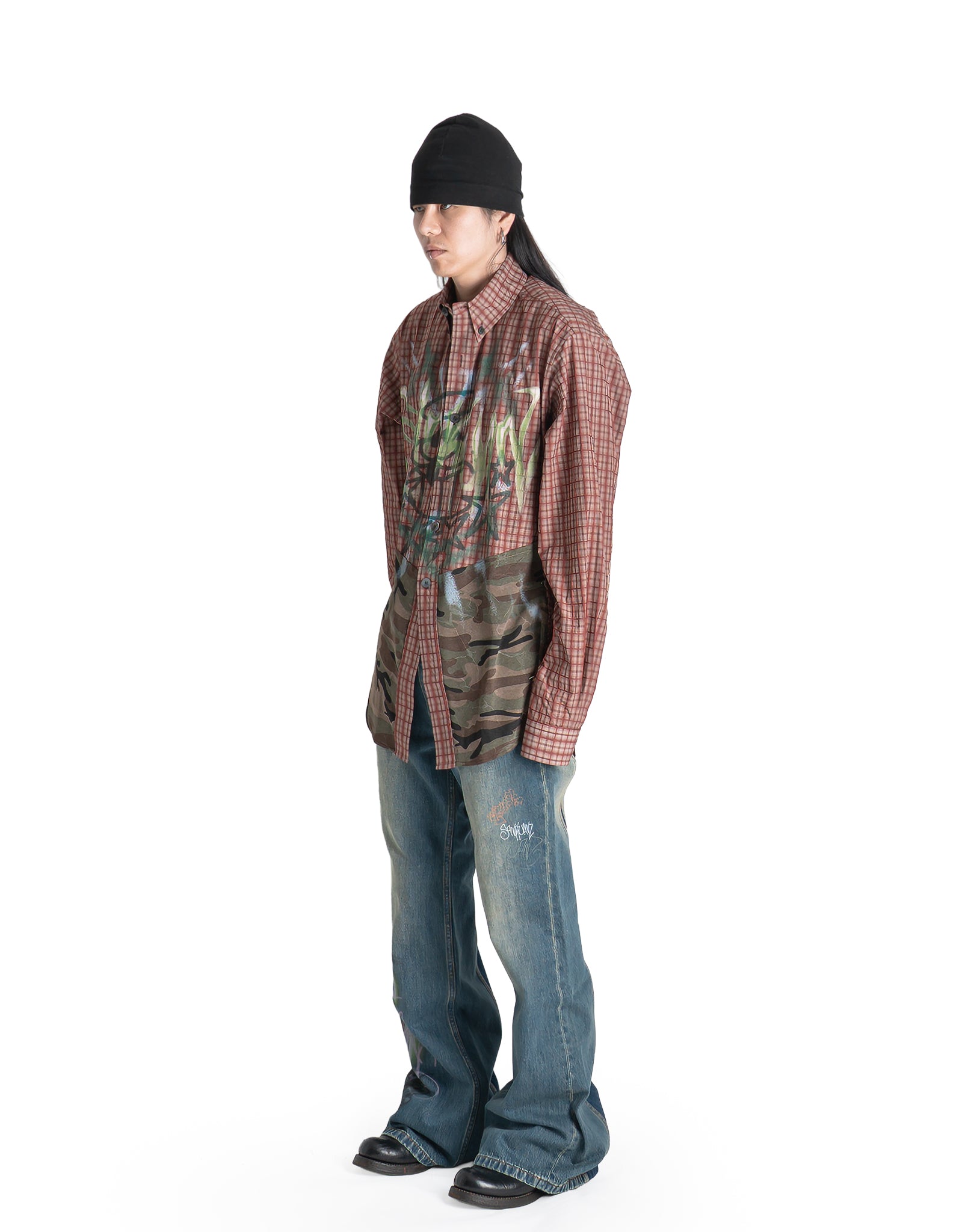 SANKUANZ - WASHED GRAFFITI PRINT LOOSE-FIT FLARED DENIM PANTS - 082plus