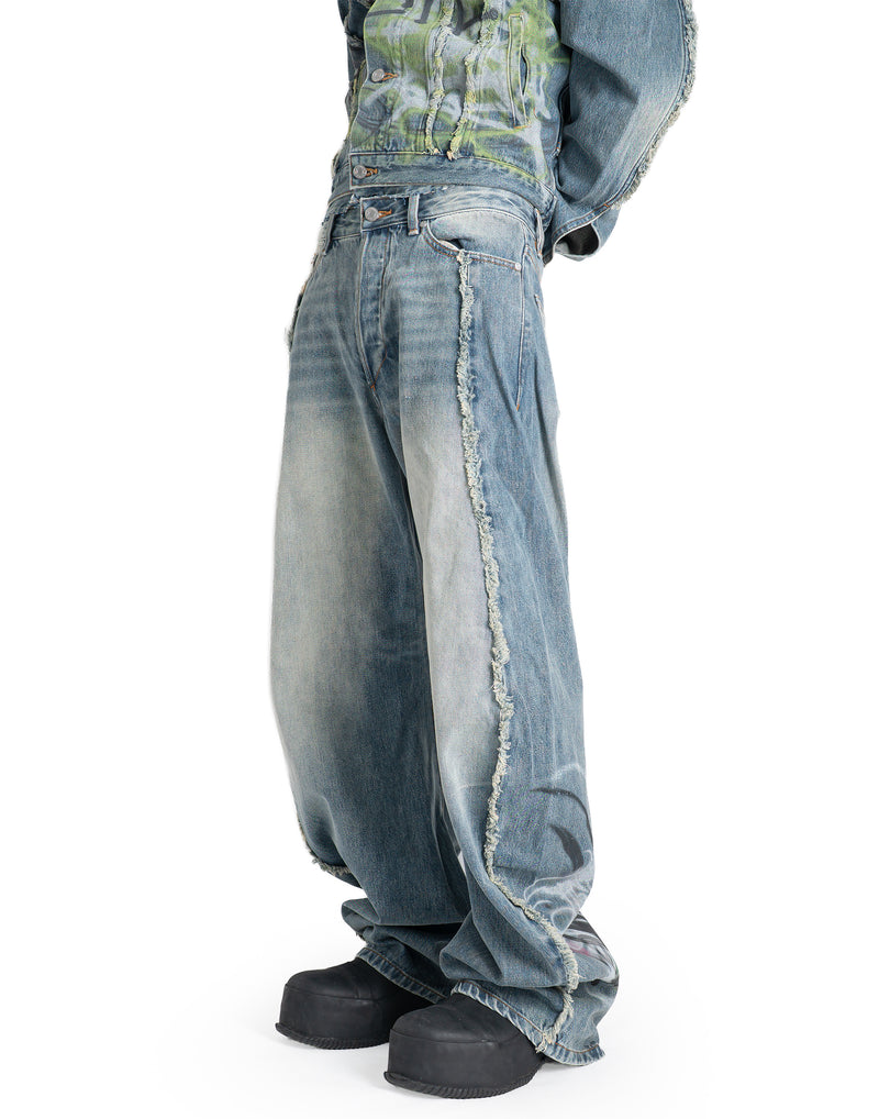SANKUANZ - WASHED GRAFFITI PRINT LOOSE-FIT CURVED DENIM PANTS - 082plus