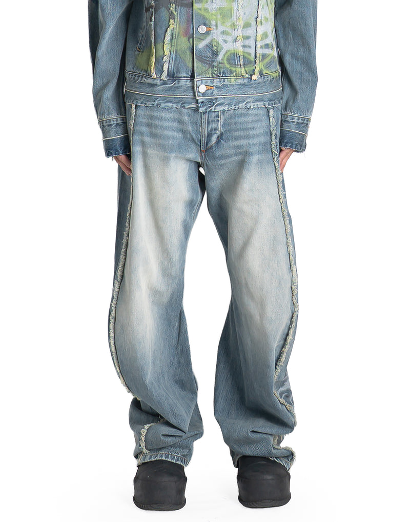 SANKUANZ - WASHED GRAFFITI PRINT LOOSE-FIT CURVED DENIM PANTS - 082plus
