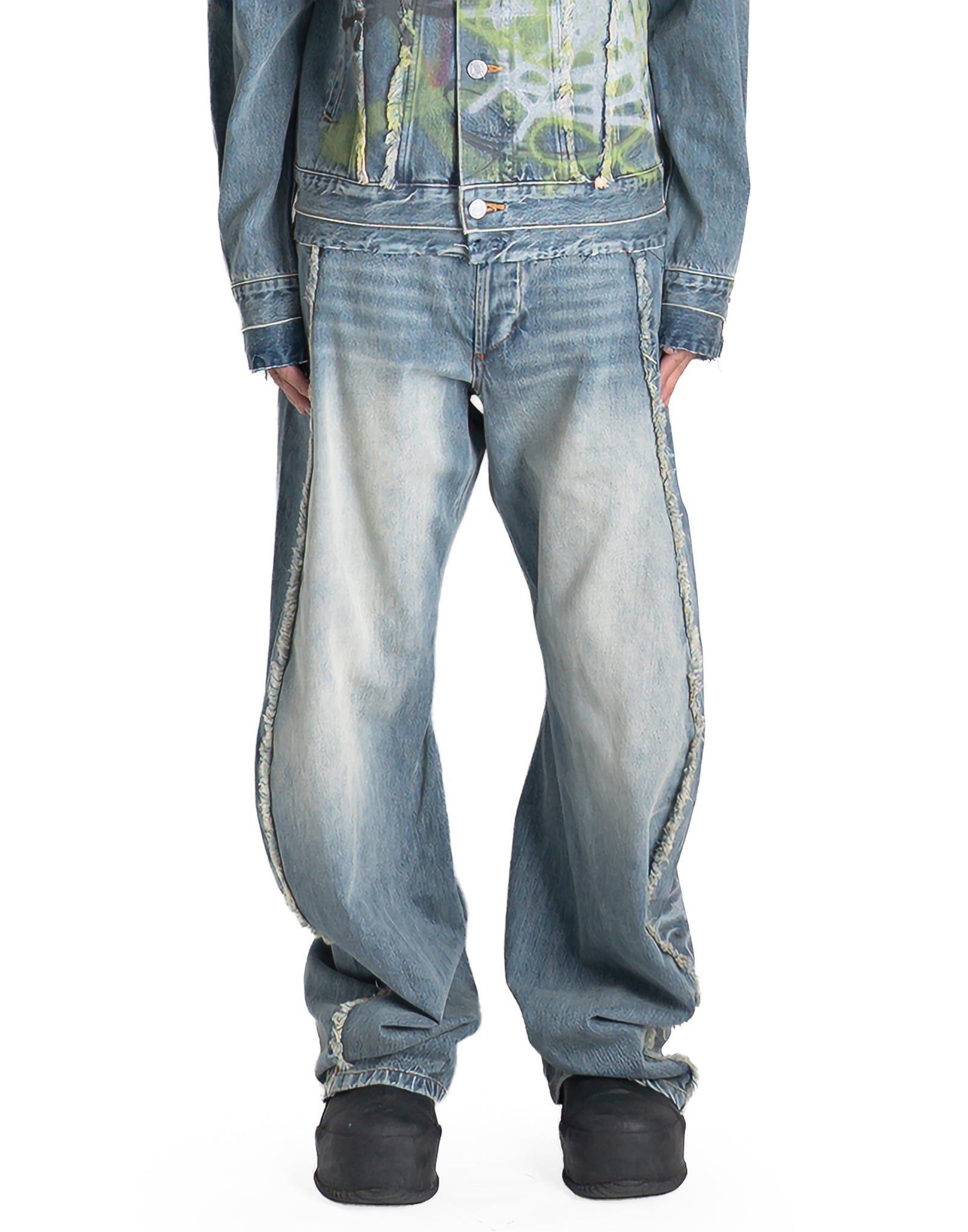 SANKUANZ - WASHED GRAFFITI PRINT LOOSE-FIT CURVED DENIM PANTS - 082plus