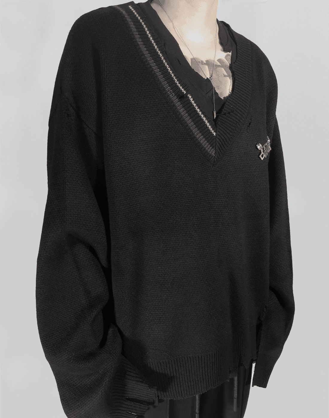 C2H4 Black Distressed Layered Sweater C2H4