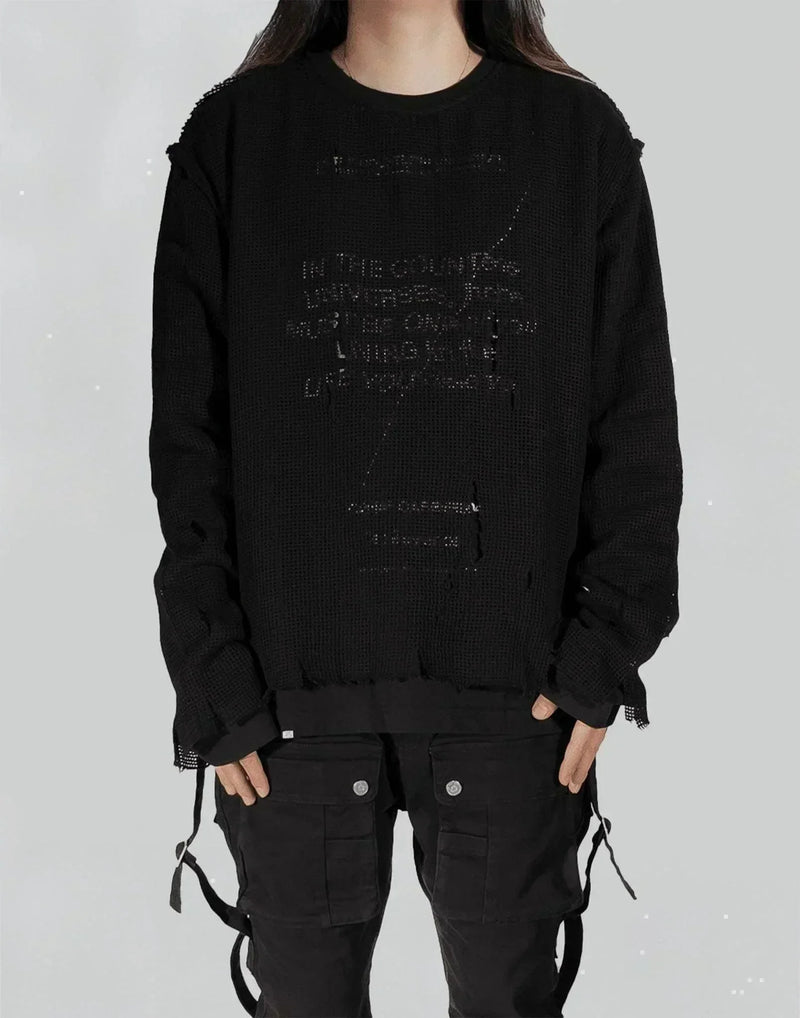 C2H4 - DISTRESSED KNIT MESHING LAYERED LONG-SLEEVE T - 082plus