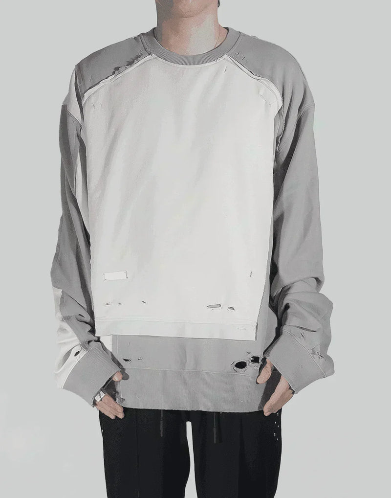 C2H4 - DISTRESSED PANELLED VAGRANT CREWNECK - 082plus