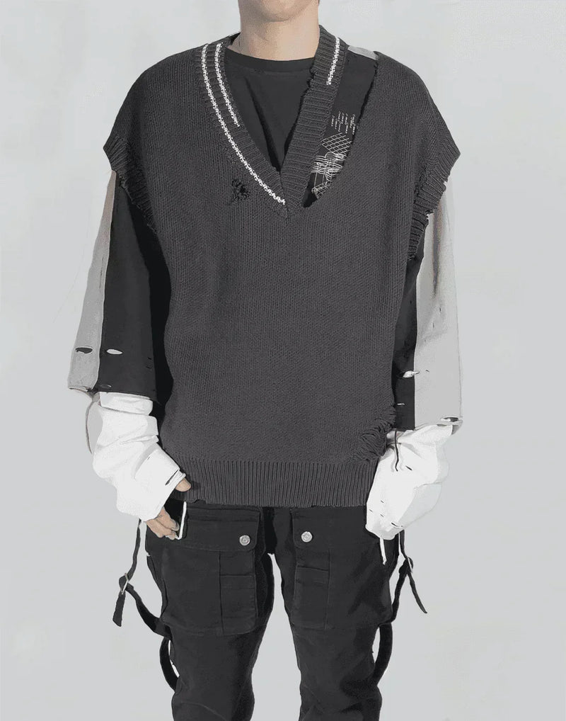 C2H4 - DISTRESSED V-NECK SLEEVELESS KNIT VEST - 082plus