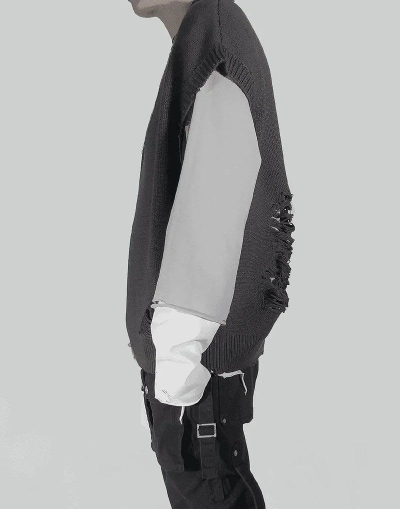 C2H4 - DISTRESSED V-NECK SLEEVELESS KNIT VEST - 082plus