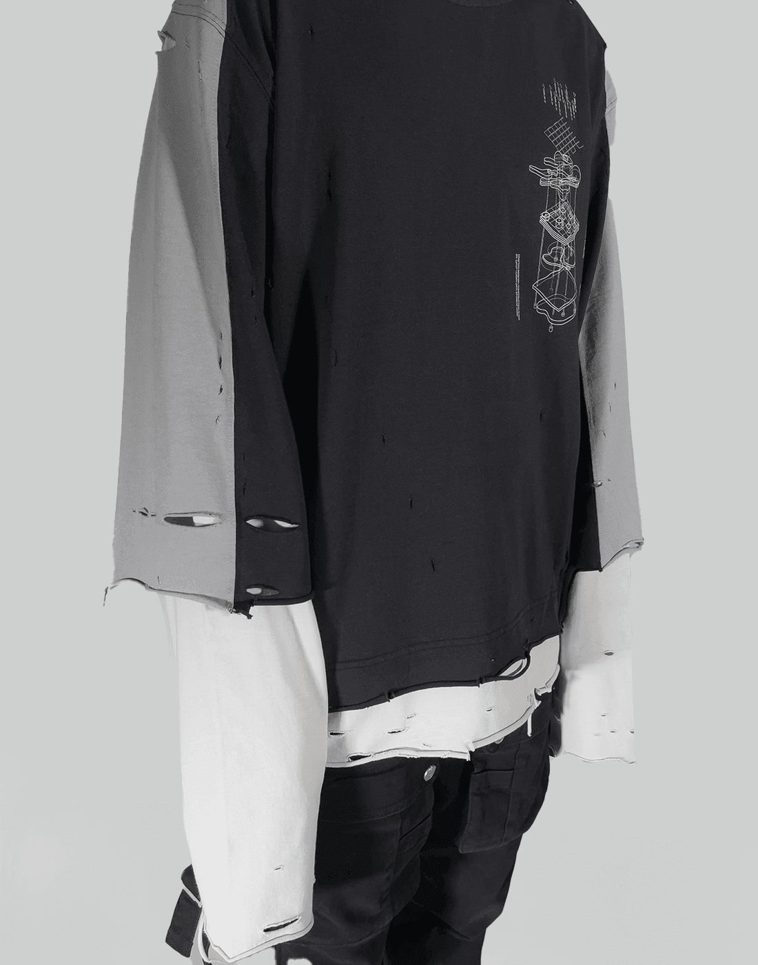 C2H4 PANELLED DISTRESSED DOUBLE LAYER LONG-SLEEVE T - 082plus