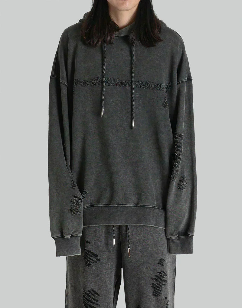 FENG CHEN WANG - GREY RIPPED JERSY HOODIE - 082plus