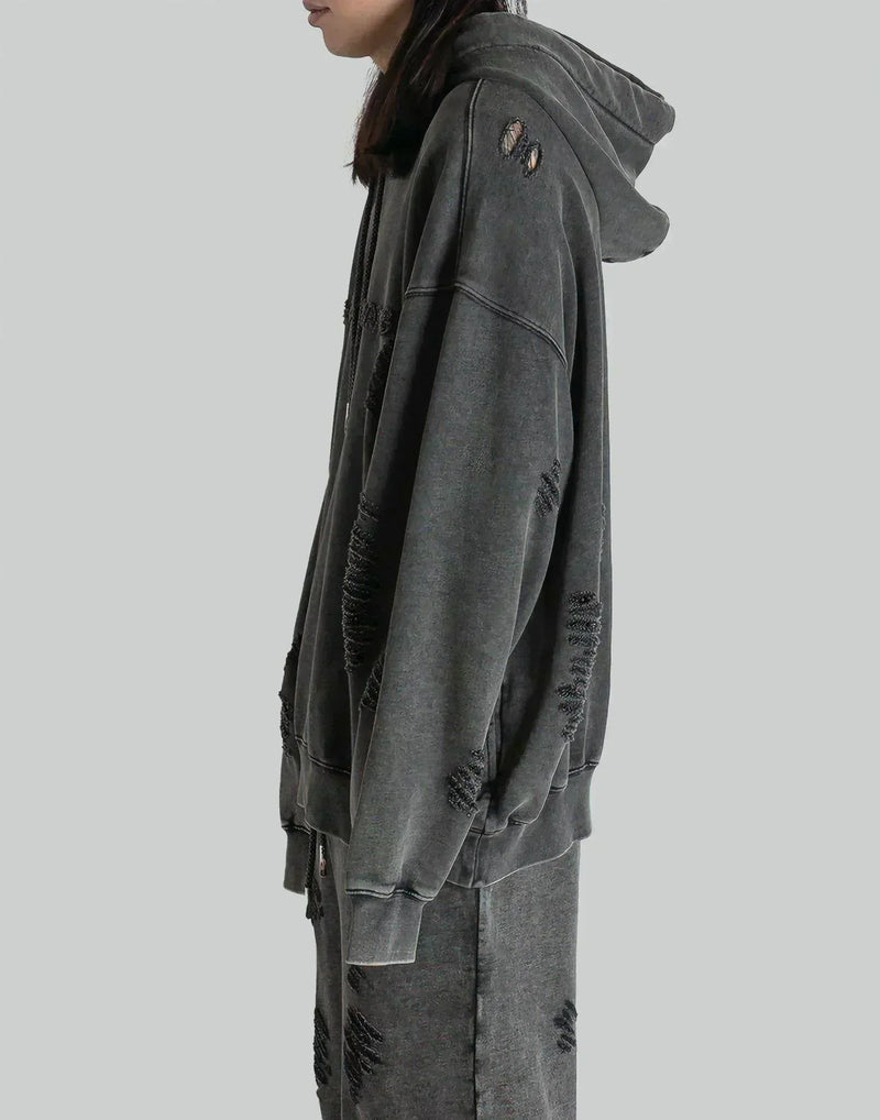 FENG CHEN WANG - GREY RIPPED JERSY HOODIE - 082plus