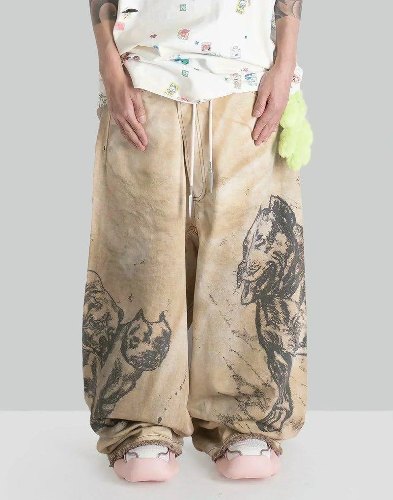 SANKUANZ - PIT BULL GRAFFITI PRINT DENIM BAGGY PANTS - 082plus