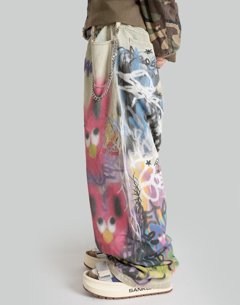 SANKUANZ - Worn Rabbit Graffiti Print Cotton Baggy Jeans - 082plus